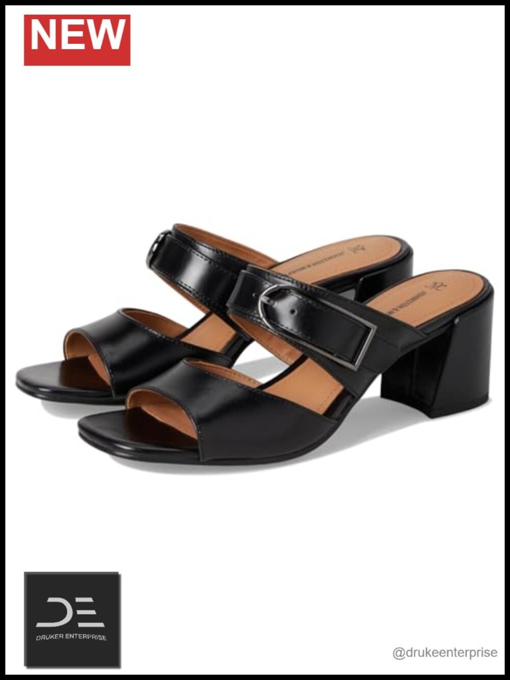 Calfskin Leather Buckle Slide Sandals TRUFOAM Block Heel Womens